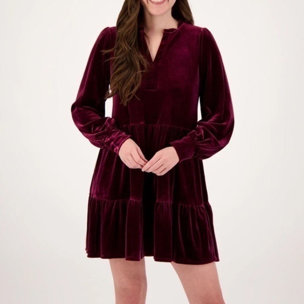 1. State Burgundy Red Wine Ruffle Collar Long Sleeve Babydoll Dress Size Medium